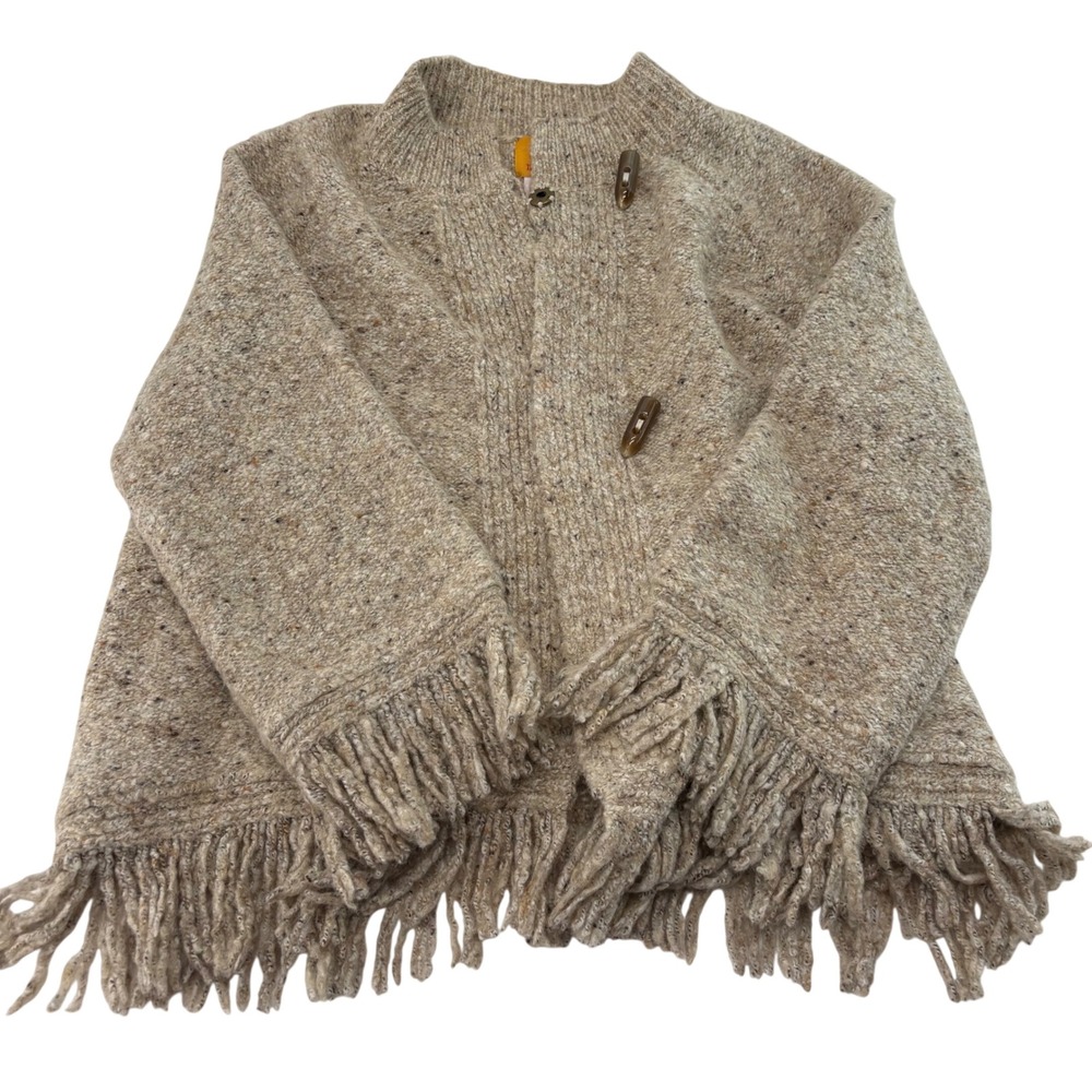 Vintage Chunky Knit Fringe Toggle Cardigan Sweater Oatmeal Beige Speckled Boho